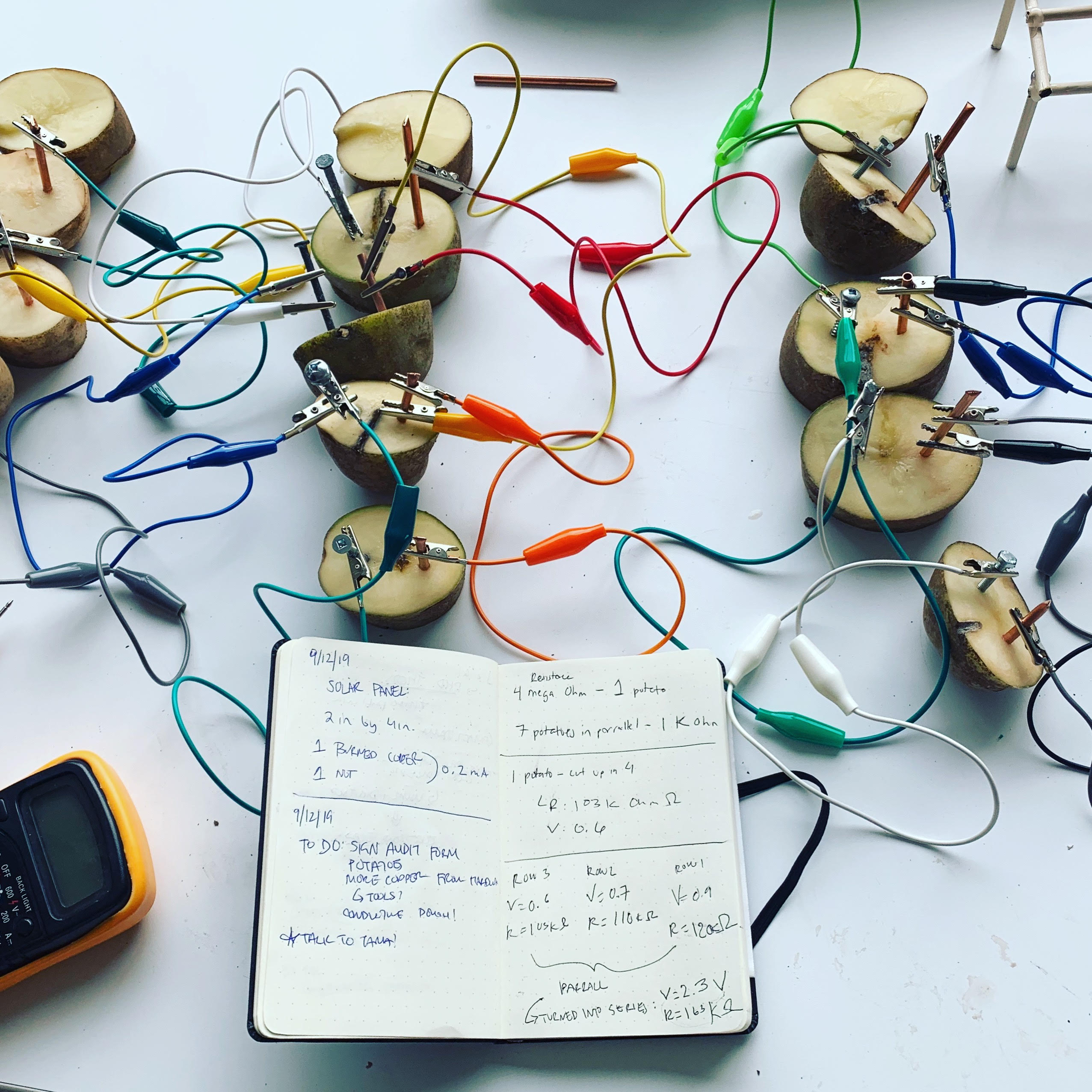 Picture of a circuit built using potatoes